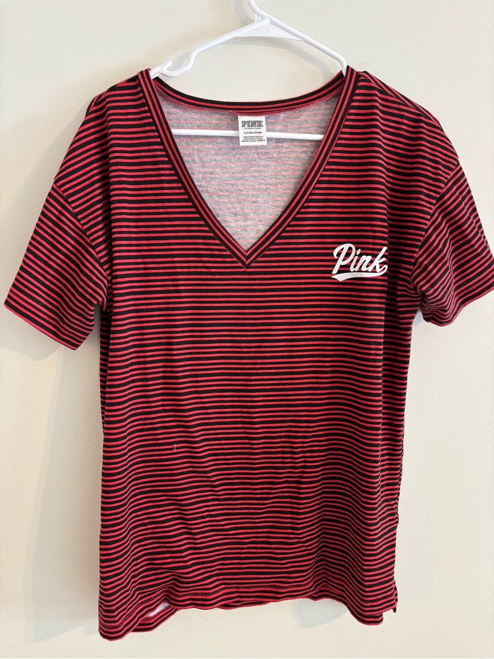PINK Victoria's Secret Red and Black Striped V-Neck Tee